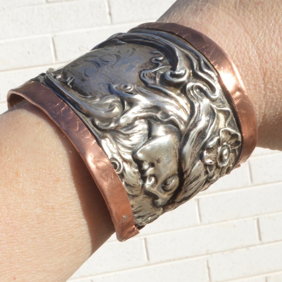 Art Nouveau Lady Face Sterling Cuff Bracelet 925 Victorian Copper Alfonso mucha - Picture 1 of 8